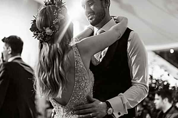 groom looking at the brdie during their evening dance ayrshire weddings 