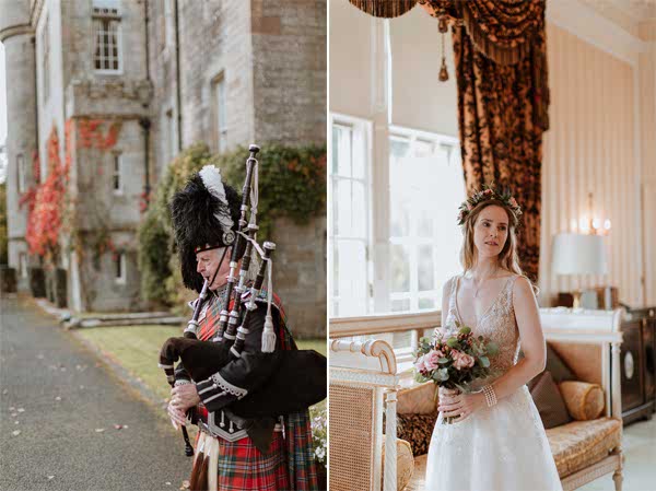 Glenapp Castle in the background while piper is pipping for a wedding 