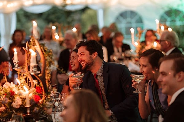 guests during speeches laughing at soarn castle scottish wedding venue